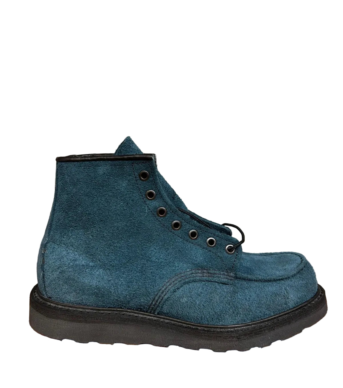A single mid-calf lace-up boot in dark teal blue suede with a black sole