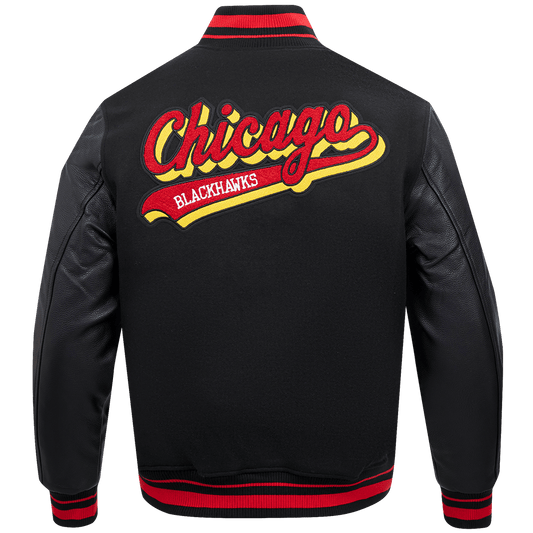 NHL CHICAGO BLACKHAWKS SCRIPT TAIL MEN'S RIB WOOL VARSITY JACKET